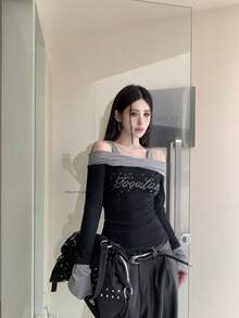 New Women's Spring/Autumn Sexy Colorblock Patchwork Open Shoulder Rhinestone Long Sleeve Slim Fit Base Layer Top - Black - View 6