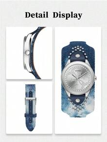 GUESS Women's Round Crystal Dial Denim Strap Rivet Decor Quartz Wristwatch Casual Fashion 3ATM Waterproof Women's Watch W1141L1 - Blue - View 5