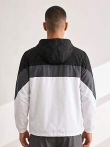 Driftmere Men's Autumn/Winter Contrast Color Drawstring And Zipper Closure Hooded Jacket - Black and White - View 2