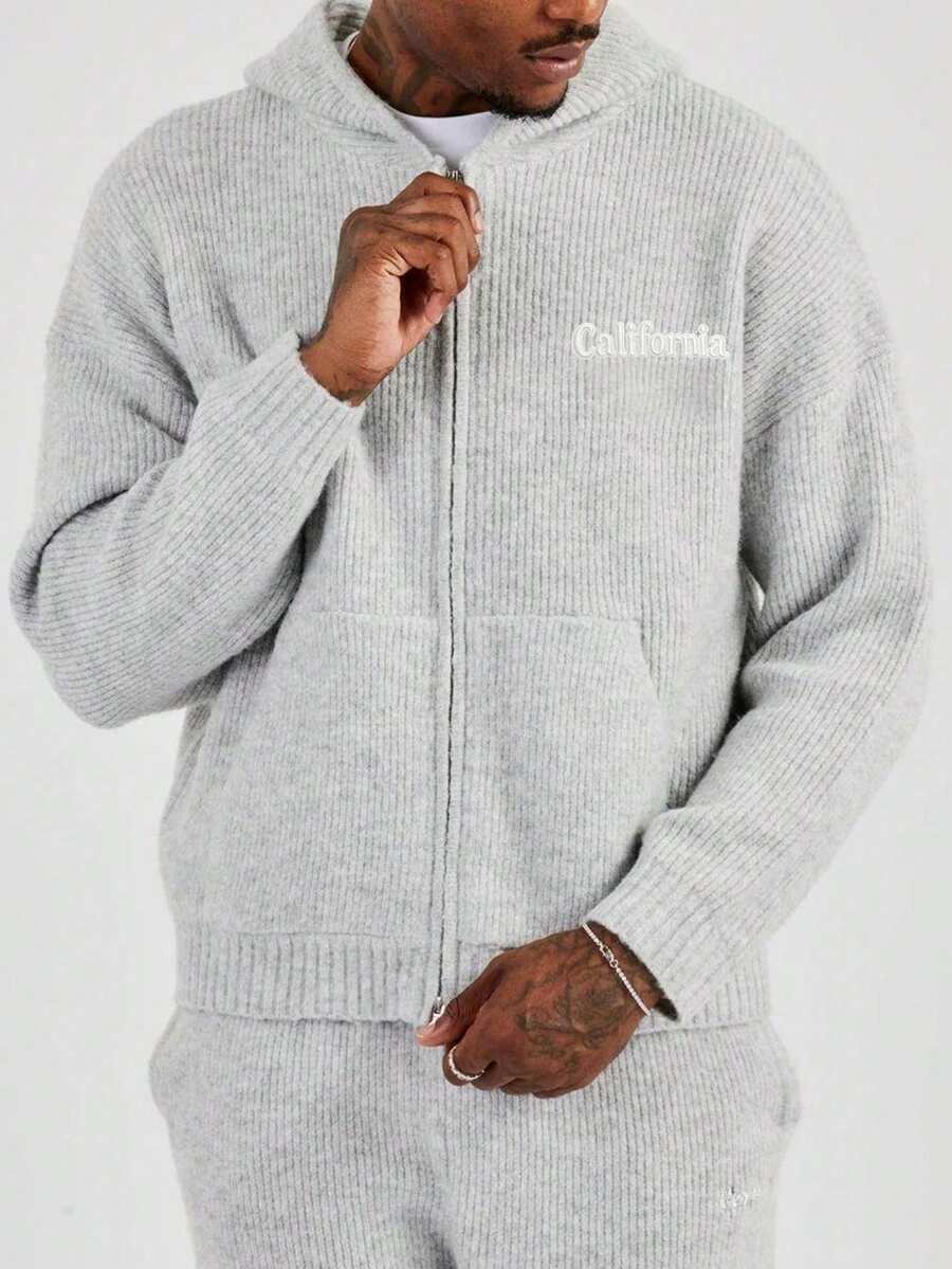 Men's Solid Color Hooded Sweater, Autumn/Winter Versatile Double Zipper Front Open With Pockets - Grey - View 1