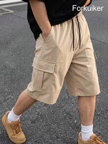 Men's Cargo Shorts, Elastic Drawstring Waist, Multi-Pocket Loose Casual Streetwear Shorts - Khaki - View 1