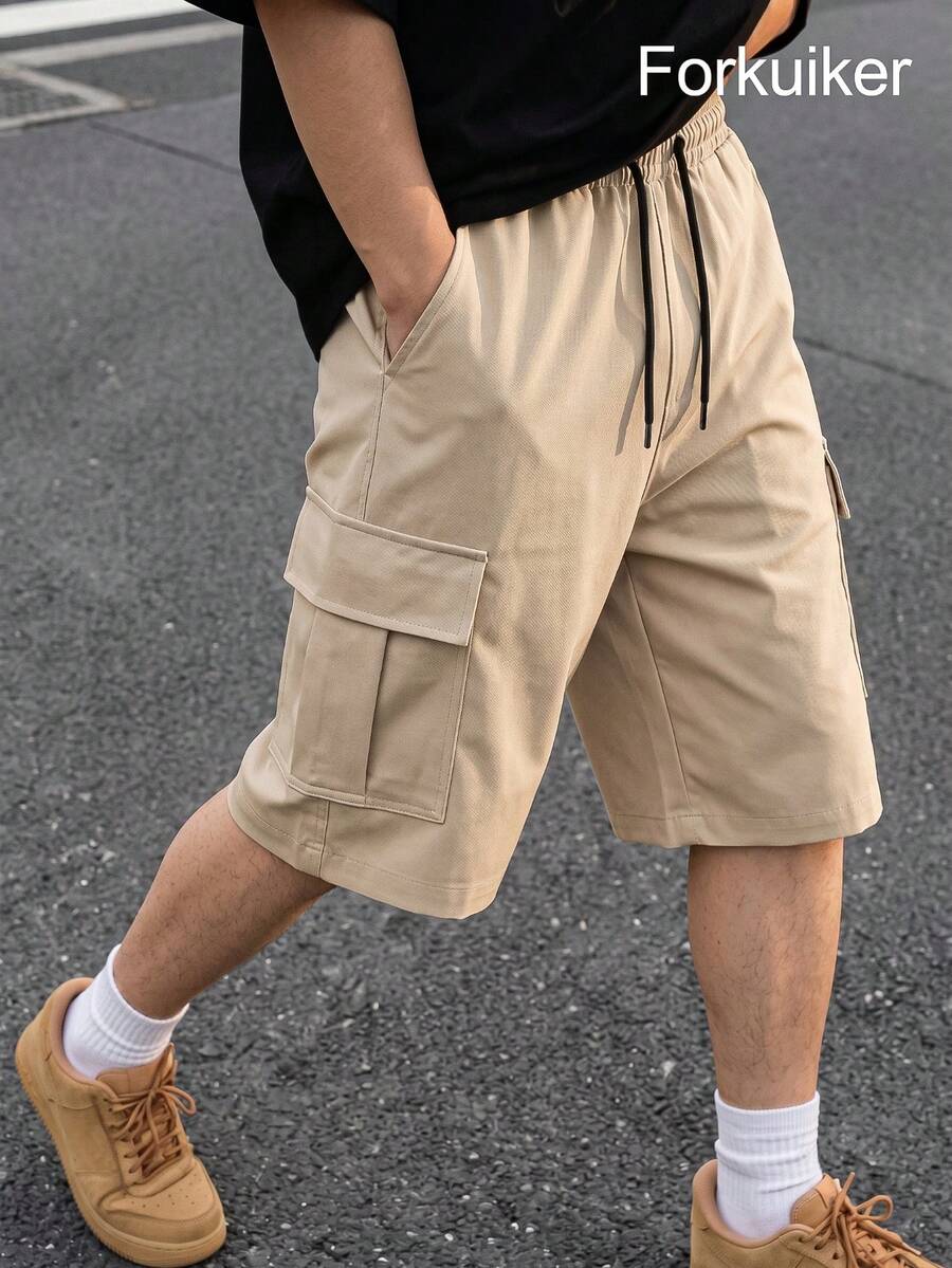 Men's Cargo Shorts, Elastic Drawstring Waist, Multi-Pocket Loose Casual Streetwear Shorts - Khaki - View 1