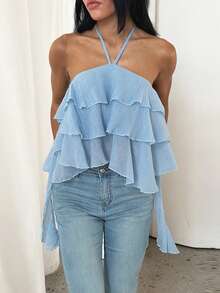 Summer Blue Sexy Ruffle Halter Top, Suitable For Dating, Dinner, Party, Vacation, Birthday, Holiday - Baby Blue - View 6