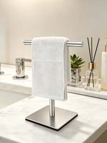 1pc T-Shaped Desktop Towel Rack, Drill-Free Standing Metal Hand Towel Holder, Bathroom Vanity Kitchen Countertop Small Towel Storage, Matte Black/Silver Dual Color Options Desktop Towel Rack, Jewelry Storage Rack, Bathroom Towel Bar, Countertop T-Shaped Toilet Paper Holder, Storage Rack - Multicolor - View 9
