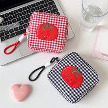 PURDORED CutePlaid迷你正方形刺繡番茄圖案拉鍊收納包，附手提帶，便攜式化妝品口紅衛生棉收納袋零錢包 - 彩色 - 查看 5