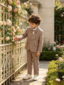 Tween Boys Handsome Fashion Striped Gentleman Suit Set, 1 Blazer + 1 Pants + 1 Bow Tie, Suitable For Wedding, Page Boy, Performance, Christmas Party, Banquet And Other Formal Occasions - Khaki - View 7