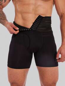 1pc Men's Comfortable Shaping Shorts, Double Layer Tummy Control Compression Shorts - Black - View 2