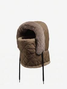 1pc Quilted Diamond Pattern Faux Fur Trim 3-In-1 Hat, Face Mask, Neck Warmer, Ear Flaps, Unisex Outdoor Cycling Skiing Cold Weather Protection Trapper Hat - Solid Color - View 6