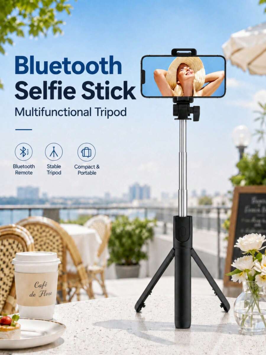 蓝牙自拍杆三脚架带遥控器用于手机直播多功能通用旅行自拍神器兼容 安卓手机适用于直播、Vlog、家庭聚会、圣诞派对拍摄、手持自拍、户外活动、采访适用于暑假、旅行、户外活动、直播三脚架 - 黑色 - 查看 1