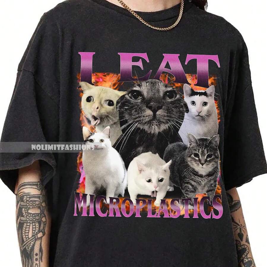 I Eat Microplastics Cat Shirt, Funny Meme Gen Z Humor Tee - Black - View 1
