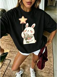 Oversized Bunny Graphic T-Shirt For Women, Aesthetic Print With Stars, Balloons And Rabbit, Preppy Style, Soft, Casual, Short Sleeve, - White - View 7