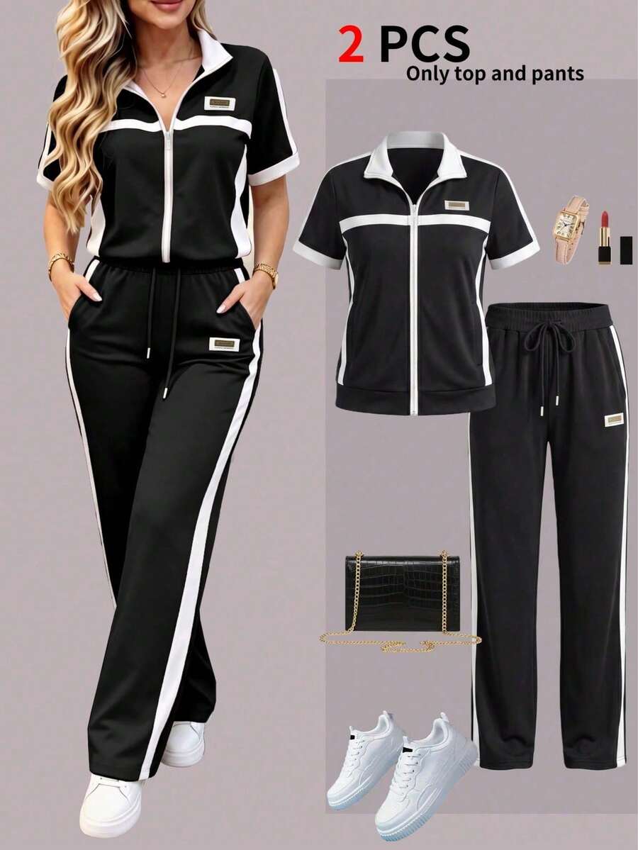 Spring/Autumn Women's New Casual Fashion Commuter Set, Loose Patchwork Contrast Color Short Sleeve Jacket Top + Striped Contrast Color Elegant Summer - Black 1 - View 1
