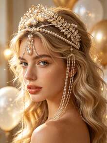 1pc Vintage Crystal Wheat Ear Tassel Crown, Elegant Luxury Bridal Wedding Headpiece - Gold - View 1