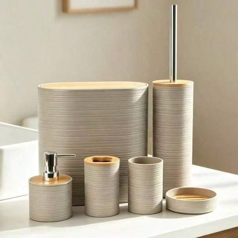 Striped Bamboo Bathroom Cover Plastic Six Pieces Set Manufacturer Hot Selling Bathroom Storage Rack Toothbrush Holder Cover - View 1