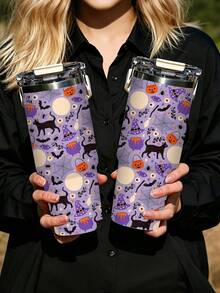 1pc/5pcs 30oz Halloween Witch Black Cat Stainless Steel Insulated Tumbler With Handle And Straw, Cute Black Cat, Witch Hat, Pumpkin And Spider Web Print, Leak-Proof Flip Lid, Suitable For Travel, Work, Fitness And Daily Outdoor Use - Light Purple - Black Cat Pumpkin - View 8