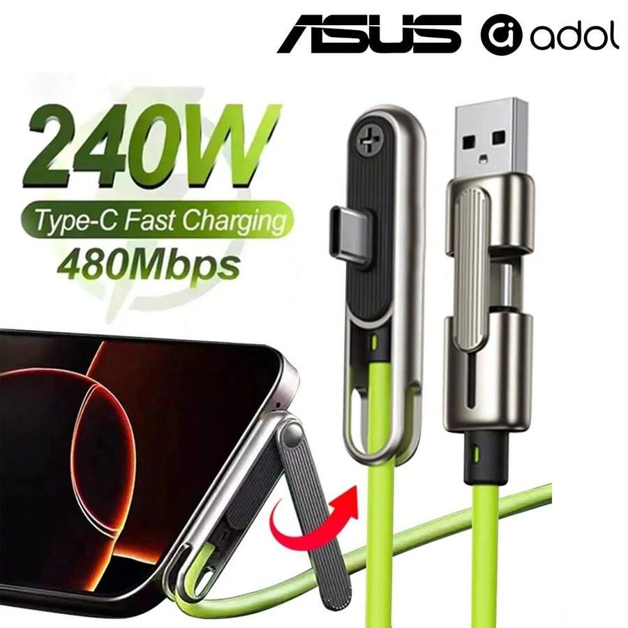 ASUS 240W USB-A To USB-C Fast Charging Cable With Foldable Stand, 2-In-1 Phone Stand And Charging Cable, Compatible With IPhone 17, 16, 15 - Blue - View 1