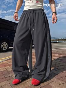 Men's Dark Gray Wide Leg Casual Sports Pants, Contrast Mesh Side Stripes, Elastic Drawstring Waist, Loose Street Style Long Pants - Dark Grey - View 1