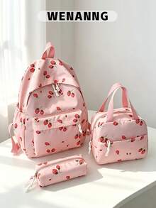 3pcs Strawberry Print Backpack Set, Including Backpack, Lunch Bag And Pencil Case, With Laptop Compartment, Adjustable Straps And Multiple Pockets, High Capacity Student Backpack, Multipurpose Daily Bag, Suitable For Girls/College Students/Graduates For Daily Use/Vacation/Travel/Back To School - Multicolor - View 2