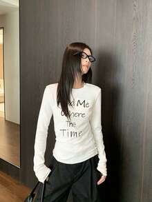 Women's Spring/Autumn Inner Layer Round Neck Regular Shoulder Slim Fit Base Layer Top With Letter Print Long Sleeve White T-Shirt - White - View 8