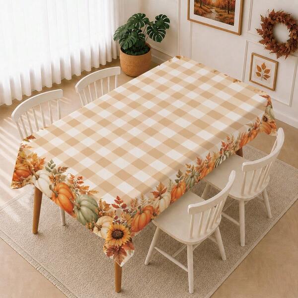 1pc Minimalist Autumn Plaid Pumpkin Floral Pattern Tablecloth, Stain-Resistant Dining Table Decor Cloth, Suitable For Kitchen, Dining Table, Coffee Table, TV Stand, Entryway, Party Holiday Decoration, Home Decor, Autumn Gathering