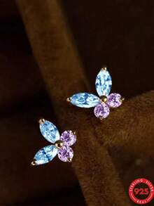 1 Pair S925 Sterling Silver Blue & Purple Contrast Color Marquise Zirconia Fresh Gradient Butterfly Stud Earrings Niche Exquisite Jewelry - Butterfly - View 2