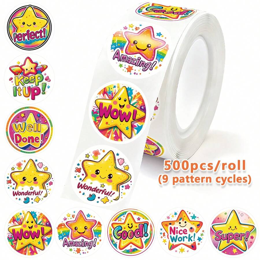 500PCS/Roll Colorful Five-Pointed Star Wow Stickers 2.5cm/1inch Amazing Stickers Good Stickers Planner Luggage Notebook Water Cup, First Day Of School - Multicolor - View 1