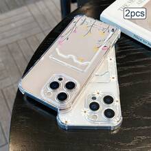 2pcs Floral Print Card Holder Transparent TPU Shockproof Full Coverage Protective Phone Case Compatible With Apple 11/12/13/14/15/16/17 Pro Max - Clear - View 5