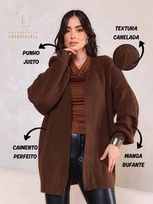 Women's Basic Knitting Mousse Puff Sleeve Cardigan - Camel - View 4