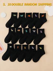 5/10 Pasang Kaos Kaki Anak-Anak Motif Dinosaurus Bordir Kartun Lucu, Kembali ke Sekolah, Pengiriman Acak - Hitam - View 2