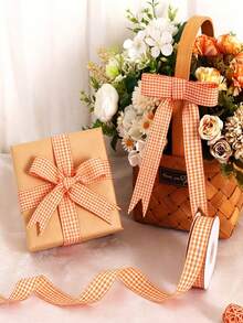 3 Rolls Orange Plaid Ribbon, Orange & White Thin Striped Decorative Ribbon And Buffalo Plaid Ribbon, Suitable For Autumn Holidays, Christmas Tree And Wreath Decoration, As Well As Valentine's Day And Birthday Gift Wrapping - Multicolor - View 5