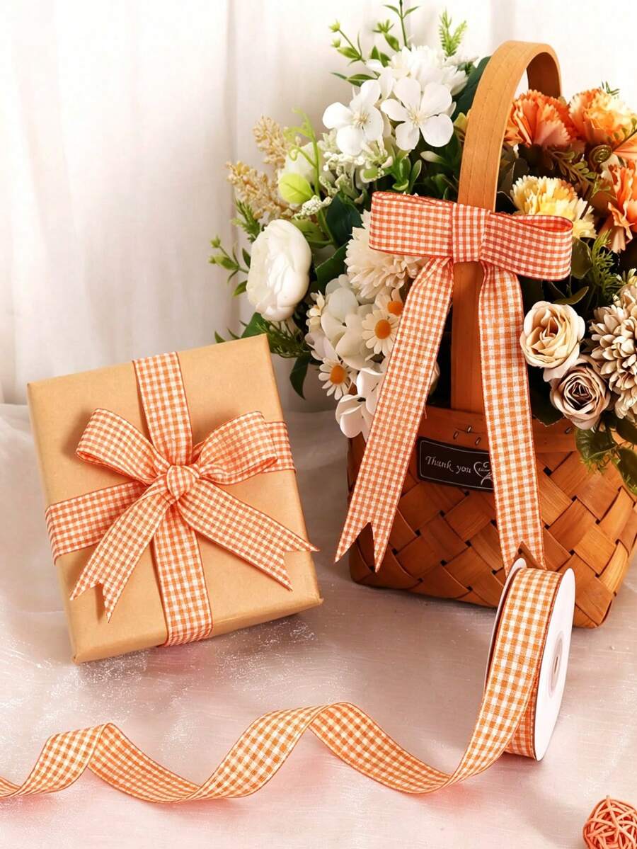 3 Rolls Orange Plaid Ribbon, Orange & White Thin Striped Decorative Ribbon And Buffalo Plaid Ribbon, Suitable For Autumn Holidays, Christmas Tree And Wreath Decoration, As Well As Valentine's Day And Birthday Gift Wrapping - Multicolor - View 1
