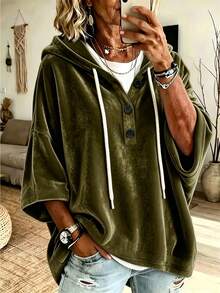 Plus Size Women's Velvet Hooded Top, Drawstring Button Front, Dropped Shoulder Design, 3/4 Sleeve, Suitable For Autumn Wear - Olive Green - View 1