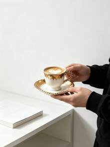 6pcs/1pc 90ml Heart-Shaped Ceramic Coffee Cup & Saucer Set, Microwave & Dishwasher , Espresso & Arabic Coffee Cup, Saudi National Day Gift, Suitable For Afternoon Tea, Cafe, Kitchen - Multicolor - View 5