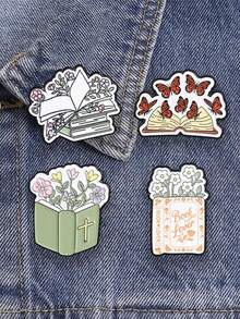 1pc Book Flower Butterfly Pattern Brooch, Clothing & Backpack Lapel Pin, Friendship Gift, Unisex Daily Accessory - Multicolor - View 2