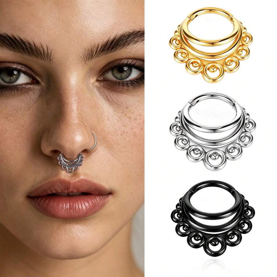 1pc Multi-Loop Hinged Septum Clicker Ring, 316L Stainless Steel Hypoallergenic Click Closure Nose Ring, Suitable For Septum, Helix, Tragus Piercing Jewelry - Round - View 1