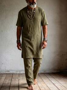 Men's Middle Eastern Traditional Minimalist Style Robe Set, Loose Simple Short Sleeve Casual Straight Leg Pants 2 Pieces Set - Green - View 2