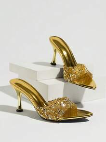 Women's Rhinestone Pointed Toe Mule Sandals, Kitten Heels, High Heel - Gold - View 6