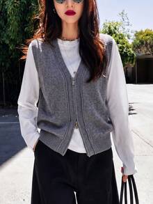 Cardigan Vest Wanita Kasual Minimalis Serbaguna dengan Desain Resleting, Musim Gugur/Musim Dingin - Grey - View 6