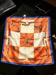1 pieza Pañuelo cuadrado de satén con estampado de cadena y correa de cuero ecuestre vintage, pañuelo retro multifuncional, accesorio de decoración para bolso, adecuado para mujeres - Multicolor - Ver 12