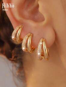 Hihho 3 Pairs European And American Copper Zirconia Double Hoop Earrings Set, Small, Medium And Large Sizes, Delicate And Versatile, Lightweight Luxury Style, Unisex Stackable Earring Set Suitable For Daily, Holiday, Travel, Work And Commute Wear - Earrings Set - View 5