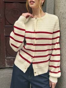 Women's Round Neck Ribbed Stripes Long Sleeves Cardigan Style Office Daily Commuting Wear Seasonal Fashion Casual Outings Knitted Sweater, Fall Winter - Multicolor - View 3