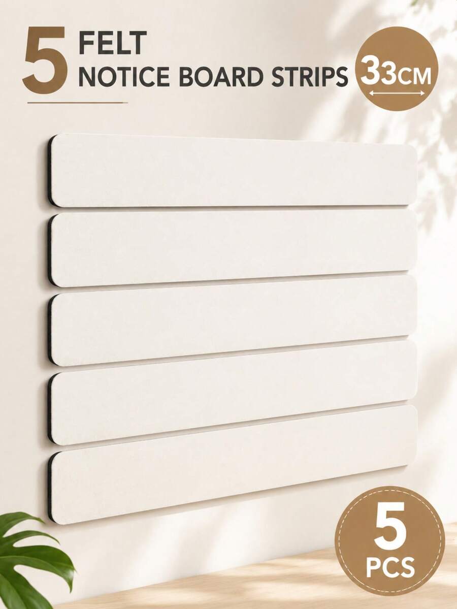 5pcs 33cm Long Felt Strips With Push Pins, No Drilling Required, Self-Adhesive Bulletin Board Strips, Suitable For Wall Felt Cork Board, Sticky Notes, Home Decor, Study Memo, Birthday Gift - A - View 1
