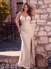 Faeriesty Đầm dạ hội đuôi cá đính hạt thanh lịch size lớn, họa tiết hoa sequin, thiết kế thắt lưng sau, phù hợp cho đám cưới, tiệc tối, tiệc cô dâu - Rượu sâm banh - Xem 1