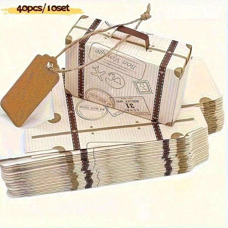 40pcs Mini Luggage Gift Box Set, With Tags And Jute Rope, Cartoon Theme, Durable Paper, Size 40.01X24.99cm, Suitable For Holiday Wedding Gift Packaging, Travel Storage Solutions, Cartoon Mini Gift Boxes, Wedding Holiday Gift Boxes, Halloween Christmas New Year Surprise Gift Box Packaging - One Size Fits All - View 1