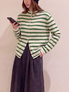 Women's Autumn Casual Minimalist Versatile Striped Cardigan Knit Sweater Jacket Fall - Green - View 5