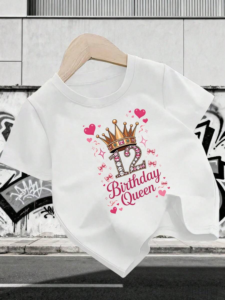 12th Birthday Queen T-Shirt For Girls – Pink Rhinestone Crown Graphic ...