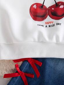 Autumn/Winter Baby Girl Outfit Set & Cute Stylish Cherry Print Cap Sleeve Sweatshirt & Bow Trim Flared Denim Jeans Commute/Outing Set - White - View 8