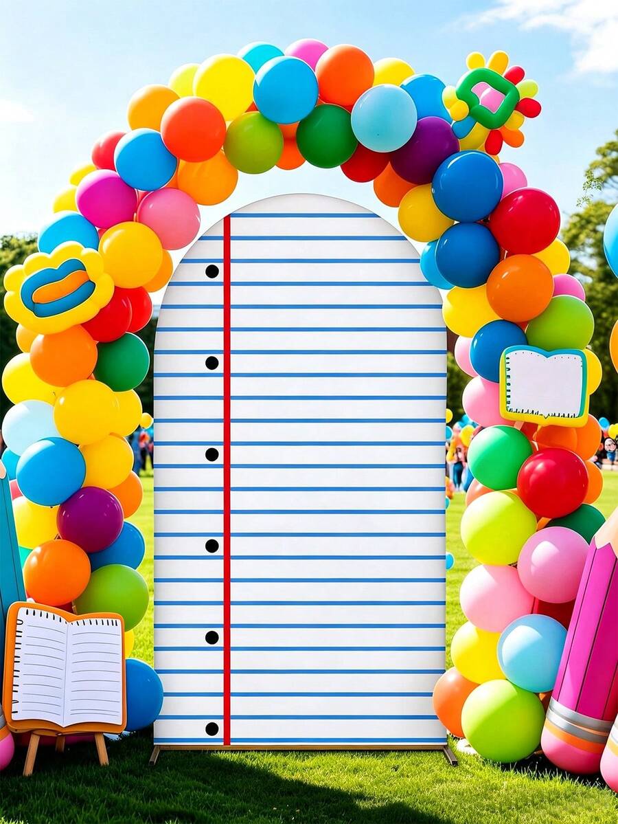 Sfondo ad arco per computer portatile 180cm*80cm, decorazione per il ritorno a scuola, copertura elastica per supporto ad arco, sfondo per il primo giorno di asilo, decorazione per foto di studenti e festa in classe, decorazione per festa di ritorno a scuola in aula prescolare - Arco a righe blu per il ritorno a scuola - Visualizzare 1
