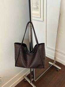 Bolso tote de mujer de unicolor minimalista, bolso de hombro moderno para desplazamientos, bolso de gran capacidad adecuado para compras y desplazamientos - Café - Ver 8