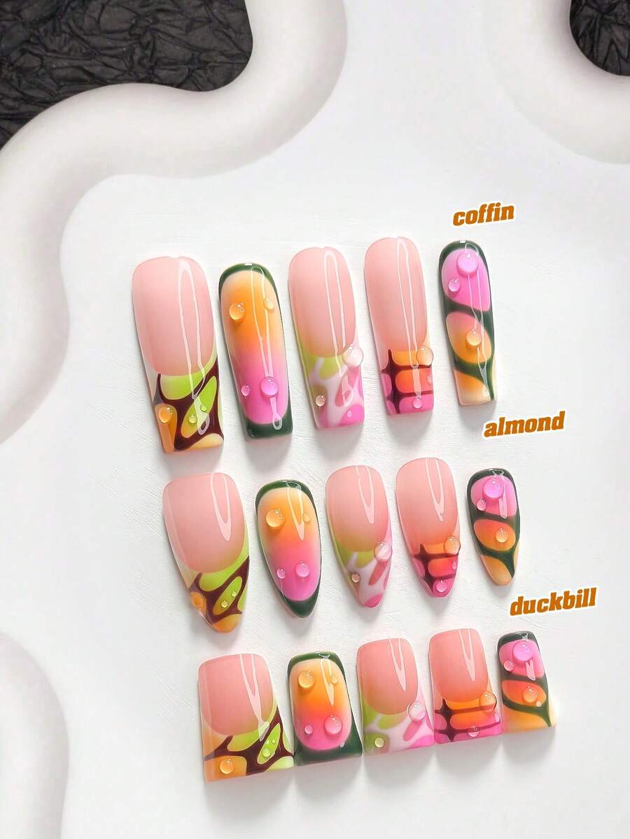 10片裝 Y2K 女孩風手工穿戴甲，Polygel 美甲套組，水滴大理石紋，粉綠配色，甜酷風，附美甲工具，3種尺寸，杏仁/鴨嘴/棺材形，適合派對、跳舞、日常配戴 - 彩色 - 查看 1